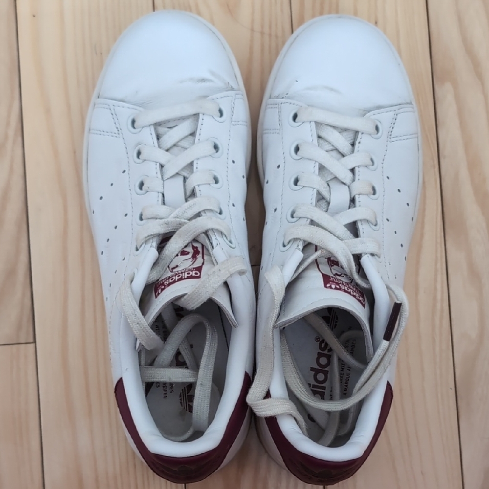 Adidas White and Burgundy Stan Smiths